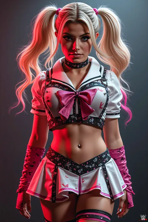 Alexa Bliss, ( masterpiece,  resolution 4k, Ultra-realistic)  blonde hair twintails with pink tips, wearing a sexy schoolgirl outfit, ready to be punished