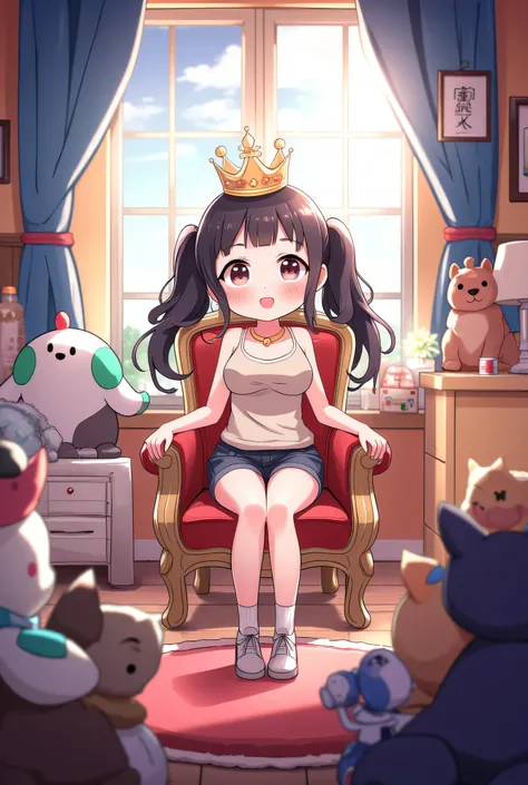 A little girl with twin tail hairstyle, sitting on a chair like a queen in her room, wearing a top with shorts, so many toys bowing before her,