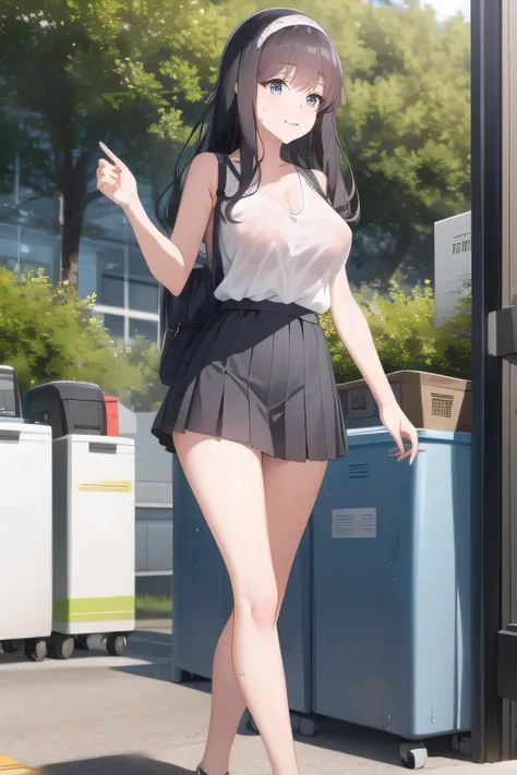 more delicate expressions,only，full color CG depicting a smiling adorable woman bathing in the woods,long black hair，white hair band，，pleated miniskirtミニスカート，accurate hand and foot expressions，my nipples are sharp、、getting wet in the rain, It becomes trans...