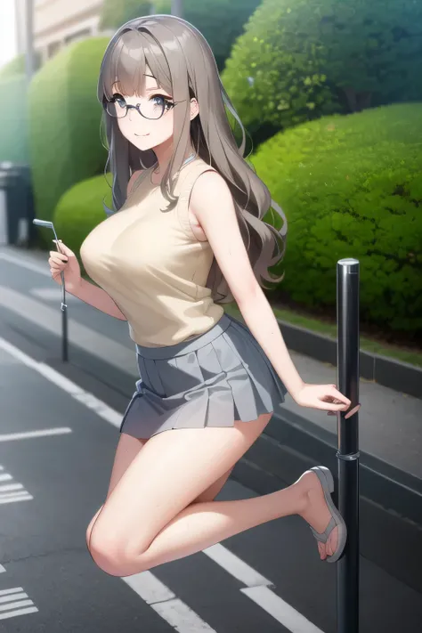 A woman with a lovely smile，Glasses please,woman with long wavy hair，a more delicate expression,Accurate representation of hands and legs，only，full color CG depicting a cute smiling woman bathing in the woods,long black hair，white hair band，，pleated minisk...