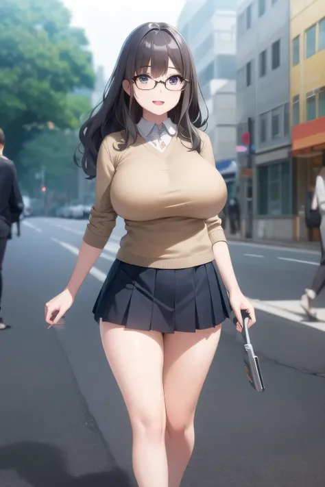 A woman with a lovely smile，draw the facial expression more delicately，Please give me glasses,Woman with long wavy hair  ，Can you draw a more delicate eXpression,Accurate representation of hands and legs，only，can you draw it in full color CG so that it can...