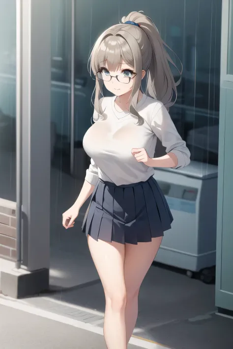 A woman with a lovely smile，ponytail hair ，even with big breasts and a thin waist，please draw his expression more delicately，Please give me glasses,Woman with long wavy hair   ，draw a more delicate expression,Accurate representation of hands and legs，only，...