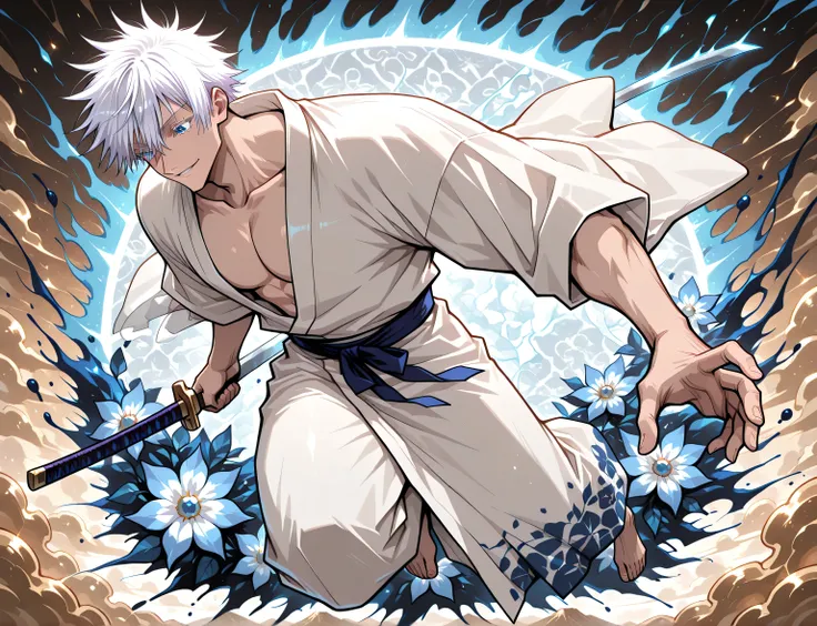 1man, adult, male focus, gojou satoru, jujutsu kaisen, white hair, short hair, ((hair between eyes)), colored eyelashes, white eyelashes, blue eyes, intricate eye iris, detailed eyes, muscular male, sexy man, handsome man, handsome face, white kimono with ...