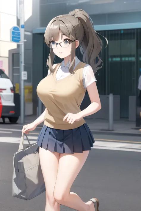 A woman with a lovely smile，ponytail hair to roll up clothes ，even with big breasts and a thin waist，Please draw his expression more delicately，Please give me glasses,Woman with long wavy hair    ，Let's draw a more delicate expression,Accurate representati...