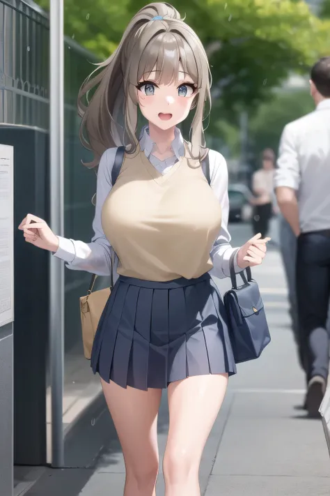 A woman with a lovely smile，ponytail hair to roll up clothes ，even with big breasts and a thin waist，Please draw his expression more delicately，Please give me glasses,Woman with long wavy hair    ，Let's draw a more delicate expression,Accurate representati...