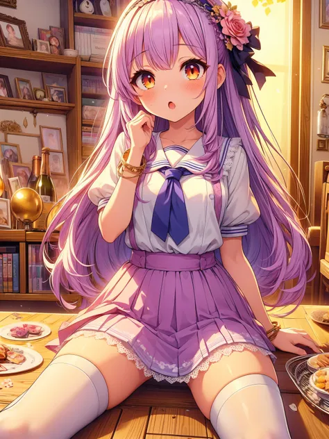 Highly detailed, high quality, masterpiece, beautiful, (all photo shooting), girl child student, perfect eyes, orange eyes, light eyes, blushing face, spreading legs, big thighs, medium chest, long hair, lilac hair, with bracelet on hand, bow in hair, flow...
