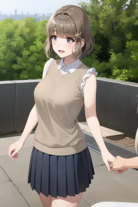 Let's draw a more delicate expression,the hands and feet of a cute smiling woman bathing in the woods、expression of an attractive 20-year-old woman，A woman with a lovely smile，shorthair，Big breasts，Full color CG,long black hair，white hair band，，pleated min...