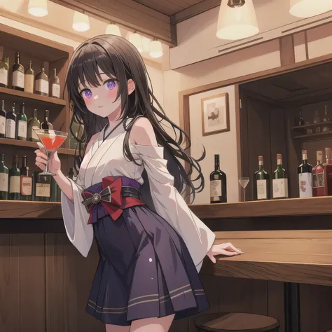 A 2D anime-style illustration. The scene is set inside a dimly lit, cozy Japanese "snack" bar. The lighting is soft and warm, with gentle shadows creating a relaxed, moody atmosphere. Bottles of liquor line the shelves behind the bar, and small round table...