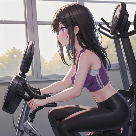 A fitness gym, a person training on a stationary bike, side view, bright morning sunlight through large windows.  dark hair, long hair, purple eyes.