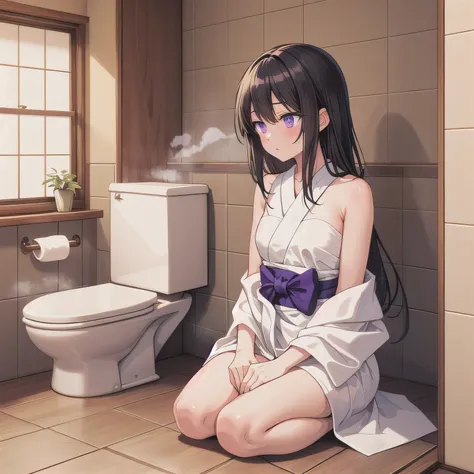 A beautiful woman in a A narrow, compact Japanese bathroom, with tiled walls, a small bathtub, and a wooden stool beside it. Steam fills the room., sitting in seiza style , politely waiting to greet someone.The character is wrapped in a towel around the bo...