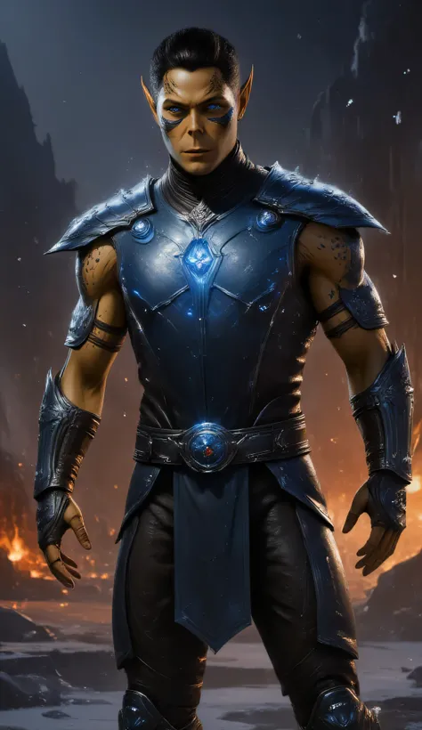 Gith, pointed ears, spots on skin, flat nose, 1male, yellow skin, black hair, brown eyes, Asian facial features, Sub-Zero, warrior, gritty and brutal Mortal Kombat style, pale gold skin, glowing ice-blue eyes, sharp features, high cheekbones, dark armored ...