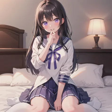 A cute girl wearing a Japanese schoolgirl sailor uniform. She is sitting on a bed in a cozy, plush-filled girl's bedroom. Her hands are lightly clasped in front of her mouth, as if holding something invisible. Her expression is dreamy and happy, with sligh...