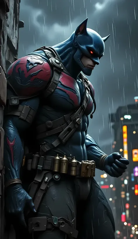 A towering, muscle‑bound vigilante known as Doga prowls the rooftop of a rain‑slick Mumbai slum at midnight. He wears a menacing metallic dog‑mask and ammo belts crisscrossing his chest, with a crimson and charcoal tactical harness over bare grey‑blue skin...