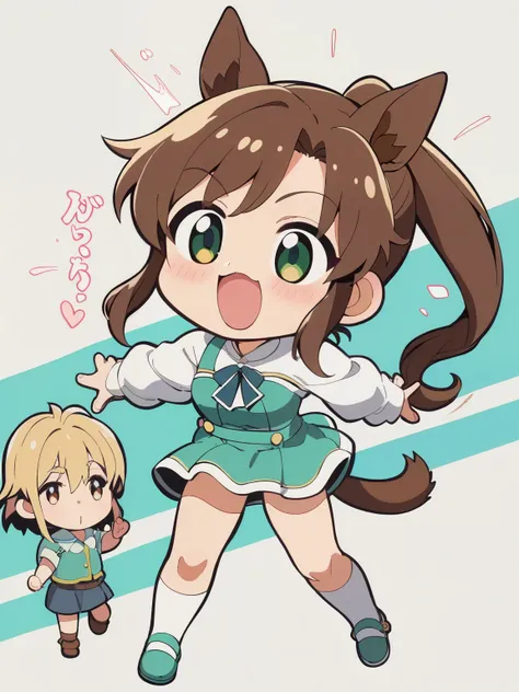 score_9, score_8_ up, score_7_ up, Anime，nsfw， uncensored ，( chibi:1.3)， full body silhouette of a cute girl running up the hill、dress、ponytail、Horse Ears、Horse Tail、high contrast、White and yellow-green two-tone style、最大限のかわいらしさを表現するambient sparkles、Emits ...
