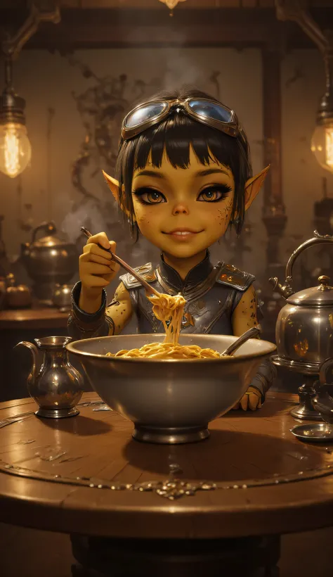 Gith, pointed ears, spots on skin, flat nose, 1kid, yellow skin, black hair, brown eyes, Asian facial features, eating, cozy steampunk kitchen, large golden eyes, small elongated ears, innocent and curious, tiny vest with brass buttons, goggles resting on ...