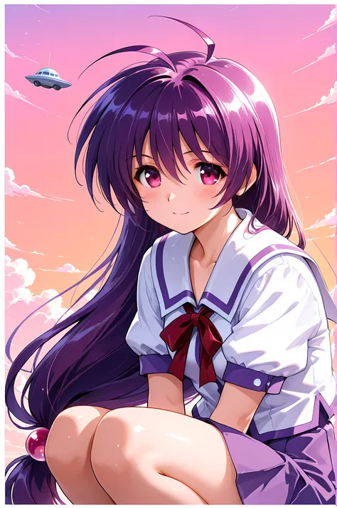 Iriya Kana,1girl, solo, long hair, school uniform, skirt, very long hair, purple hair, low-tied long hair, smile, ribbon, short sleeves, cloud, looking at viewer, ahoge, bangs, sky, hair ornament, v arms, purple eyes, neck ribbon, hair bobbles, puffy sleev...