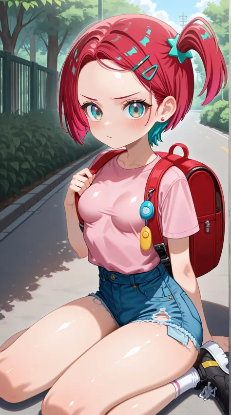 anime,1girl,amate yuzuriha,breasts, forehead,bangs,red hair,short hair, multicolored hair,aqua eyes,multicolored eyes, backpack, bag,red bag,hair ornament, hairclip,solo,revealing-clothes,shirt, jewelry,looking at viewer, earrings, brown eyes, blush, short...