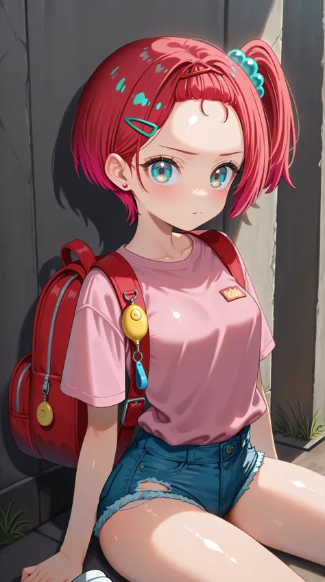 anime,1girl,amate yuzuriha,breasts, forehead,bangs,red hair,short hair, multicolored hair,aqua eyes,multicolored eyes, backpack, bag,red bag,hair ornament, hairclip,solo,revealing-clothes,shirt, jewelry,looking at viewer, earrings, brown eyes, blush, short...