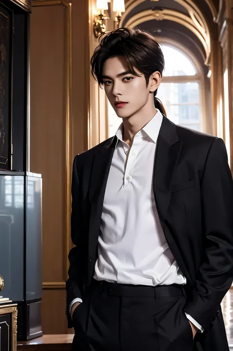 young prince, city landscape, lumetric lighting, 8k resolution, photorealistic, ultra-high quality, opulent detailed background, medium length dark brown hair, messy ponytail, wearing a polo shirt with a sports jacket, wearing long pants, ((Medium Wide Sho...