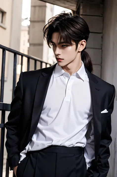 young prince, city landscape, lumetric lighting, 8k resolution, photorealistic, ultra-high quality, opulent detailed background, medium length dark brown hair, messy ponytail, wearing a polo shirt with a sports jacket, wearing long pants, ((Medium Wide Sho...