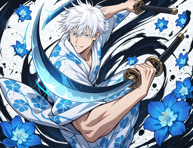 1man, adult, male focus, gojou satoru, jujutsu kaisen, white hair, short hair, ((hair between eyes)), colored eyelashes, white eyelashes, blue eyes, intricate eye iris, detailed eyes, muscular male, sexy man, handsome man, handsome face, white kimono with ...