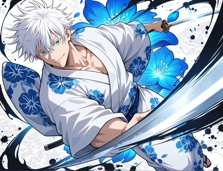 1man, adult, male focus, gojou satoru, jujutsu kaisen, white hair, short hair, ((hair between eyes)), colored eyelashes, white eyelashes, blue eyes, intricate eye iris, detailed eyes, muscular male, sexy man, handsome man, handsome face, white kimono with ...