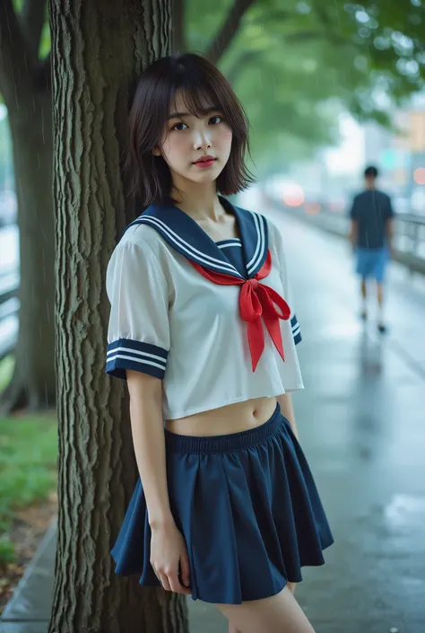 RAW photograph of young japanese woman in sheer school uniform with a little cropped. she is wearing a white school uniform with a navy blue sailor collar and a red ribbon tied around her neck and and a navy blue skirt. she is leaning against a tree on the...