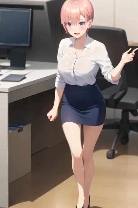 please draw a more delicate facial expression，A woman with a lovely smile，Woman with pink short hair，can you draw an office lady's uniform，white blouse，Navy Blue Mini Skirt，high heels，Can you draw a more delicate expression, adult sexy women ,only，，Full co...