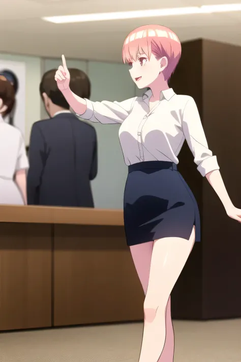 draw a more delicate expression，A woman with a lovely smile，Woman with short pink hair，can you draw an office lady's uniform，white blouse，Navy Blue Mini Skirt，high heels，draw a more delicate expression, adult sexy women ,only，，Full color CG,，In my office，，...
