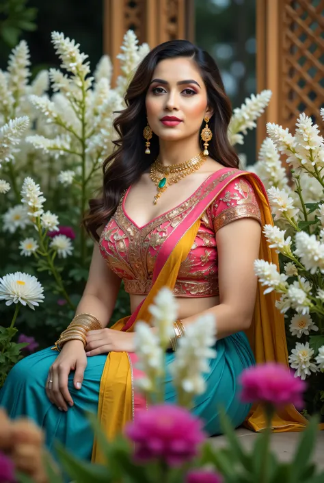 A beautiful Indian woman seated gracefully in an outdoor floral setting, wearing a traditional lehenga-choli ensemble with a richly embroidered Black blouse, deep yellow skirt, and mustard-yellow dupatta draped across her shoulder. Her look is enhanced wit...