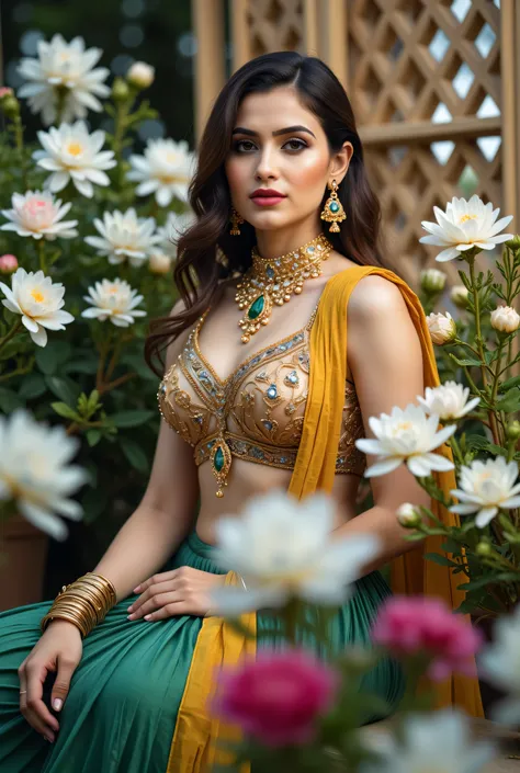 A beautiful Indian woman seated gracefully in an outdoor floral setting, wearing a traditional lehenga-choli ensemble with a richly embroidered dark_black blouse, deep yellow skirt, and mustard-yellow dupatta draped across her shoulder. Her look is enhance...