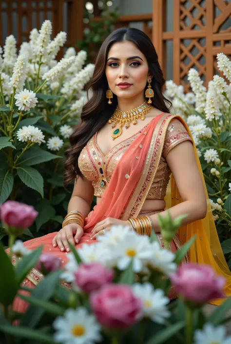 A beautiful Indian woman seated gracefully in an outdoor floral setting, wearing a traditional lehenga-choli ensemble with a richly embroidered dark blouse, deep yellow skirt, and mustard-yellow dupatta draped across her shoulder. Her look is enhanced with...