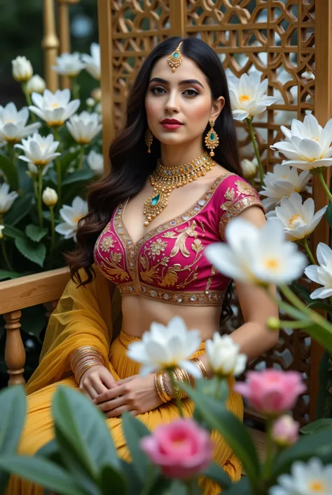 A beautiful Indian woman seated gracefully in an outdoor floral setting, wearing a traditional lehenga-choli ensemble with a richly embroidered magenta blouse, deep yellow skirt, and mustard-yellow dupatta draped across her shoulder. Her look is enhanced w...