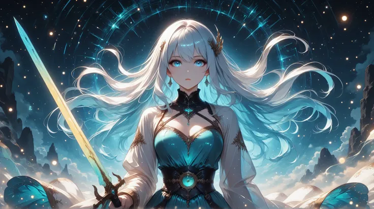 high definition eyes, A graceful anime girl floating around holding a sword in a threatening way, fragments of energy, her dress shining in yellow and light blue tones, challenging and penetrating look with a subtle mysticism, ethereal mystery swirling aro...
