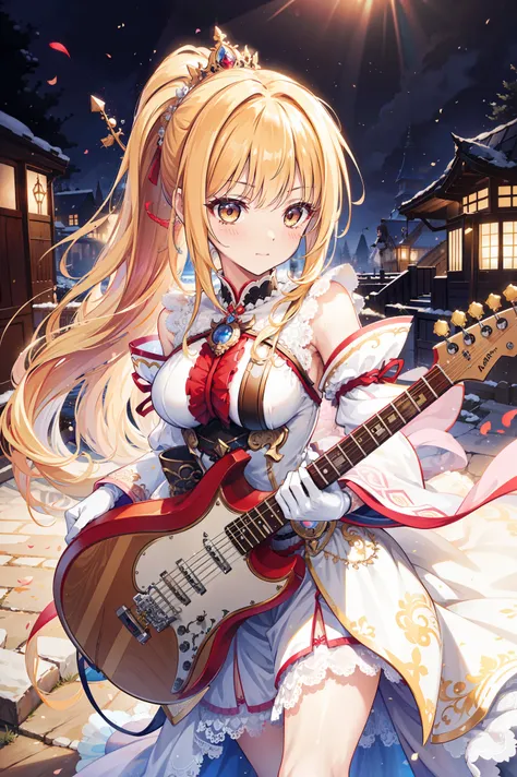 Masterpiece, best quality, super detailed, illustration, The extremely beautiful and moving princess, solo, brunette, brown eyes, long hair, double ponytail, wearing a pure white princess dress, luxurious and simple decoration, delicate Lace gloves, Flow...