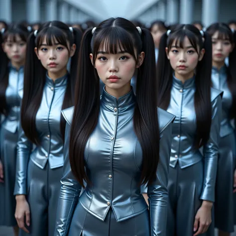 women with very long twin tail hair、Extremely beautiful young Japanese、Big breasts、 ideal body shape、No expression、Metallic color ruffled military uniform、very beautiful young Japanese women standing in line１stand in a row、その奥にも複数列のvery beautiful young Jap...