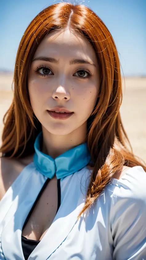 A hyper-realistic close-up portrait of a beautiful real-life woman inspired by Inoue Orihime from Bleach. She is smiling gently, with large expressive eyes, soft fair skin, and long flowing orange hair styled just like in the anime. She wears her iconic wh...