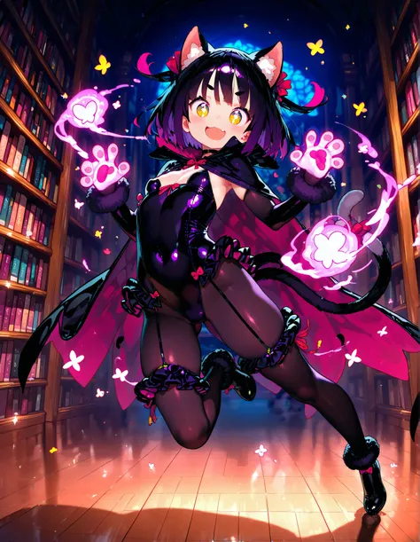 Highest Quality、anime style、masterpiece、the moment when the little devil with cat ears raises one leg and loses balance after being caught in a glowing magic trap、the fluffy tail is jumping up、the costume is a black frilly bodysuit、Purple Knee-High、The bac...