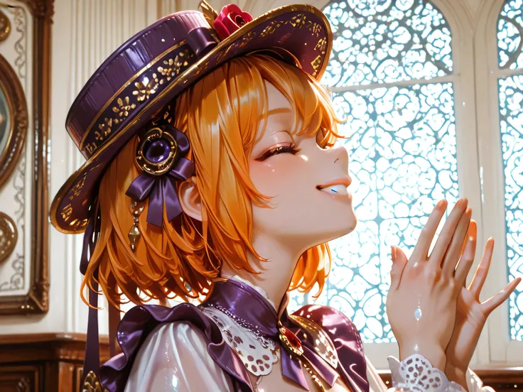 orange hair, Very beautiful, A girl, Bright eyes, innocent, Facing Up, Short hair, face up, , closes its eyes,, Face up, arrogant, Tantrums, smile, Two hands pose akimbo, happy, หน้าIt's shiny., pretty as fairies, 18 year old girl , Medium Cut hai...