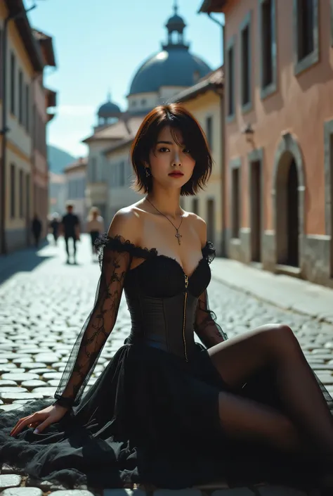 The image shows a young japanese woman (sitting sideways) on a cobblestone street in a European town.
She is wearing a elegant black dress with a corset details and high neckline and (long intricate lace sleeves).
The dress has a corset-style elegant and a...