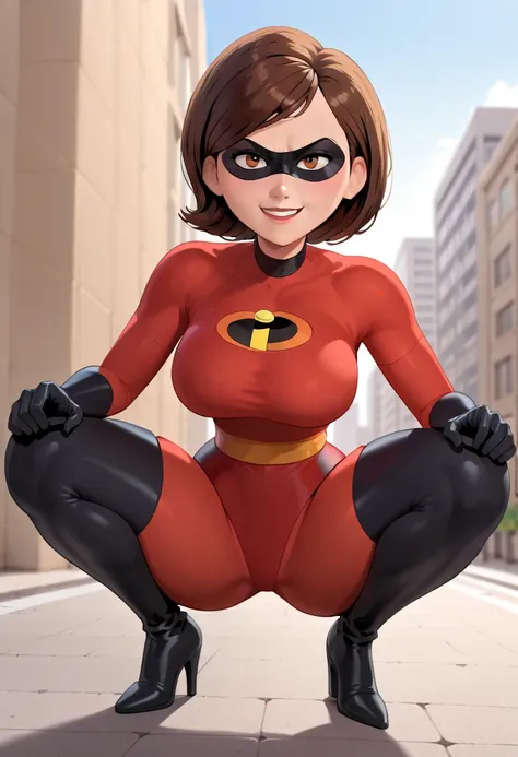 score_9, score_8_up, score_7_up, 3lastic g1rl,pixar,hero pose,  ,squatting,open legs,1girl, solo,brown hair, short hair, domino mask, superhero, red bodysuit, black gloves, black thigh boots, looking at viewer, smile, half-closed eyes, large breasts, sideb...