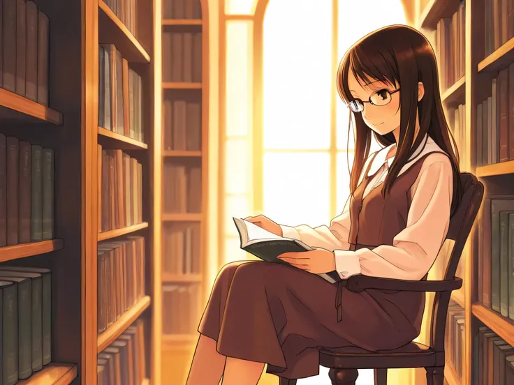 1 woman in the body,sitting on a chair, Libraries ,Early summer sunshine ,beautiful woman wearing glasses,relaxed expression,reading book,glasses, Libraries の内部,Bright early summer light,Warm Atmosphere,High Quality,digital art,delicate details,Natural Lig...