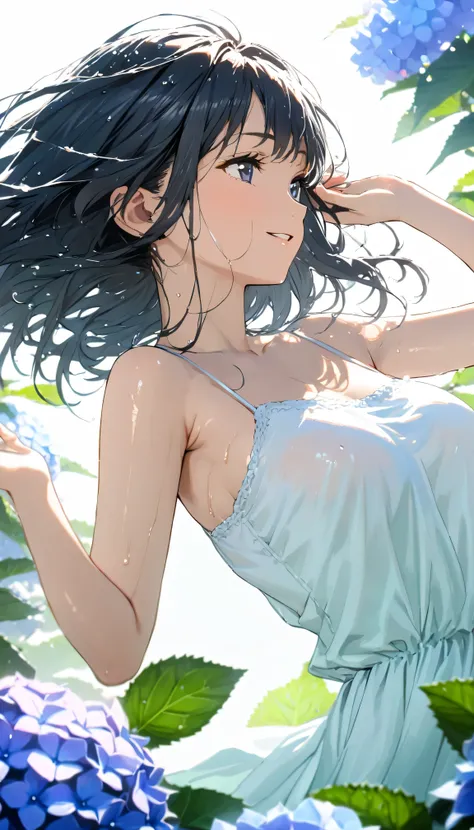 masterpiece, best quality, ultra-detailed, 8k, high resolution, Gentle colors, soft focus, dreamy background, White background, Hydrangea background, Delicate and dynamic, light rain, The wind is blowing, 1 girl, Long white camisole dress, Wet and shiny bl...