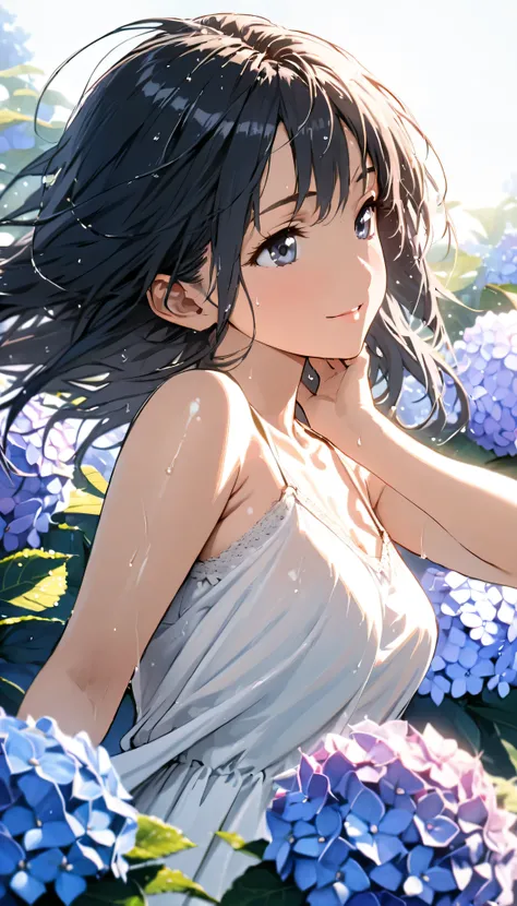 masterpiece, best quality, ultra-detailed, 8k, high resolution, Gentle colors, soft focus, dreamy background, White background, Hydrangea background, Delicate and dynamic, light rain, The wind is blowing, 1 girl, Long white camisole dress, Wet and shiny bl...
