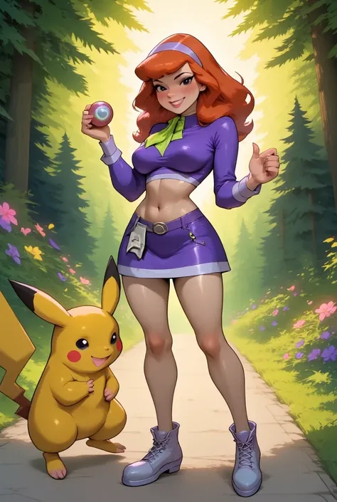 A charming and sexy version of Daphne Blake as a Pokémon trainer. She is wearing a tight, stylish trainer outfit with a cropped purple top, a short skirt, and high boots, all in her signature colors. Her long, fiery red hair flows behind her, and she is ho...