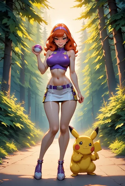 A charming and sexy version of Daphne Blake as a Pokémon trainer. She is wearing a tight, stylish trainer outfit with a cropped purple top, a short skirt, and high boots, all in her signature colors. Her long, fiery red hair flows behind her, and she is ho...