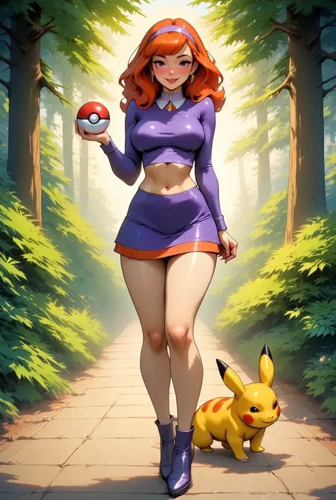 A charming and sexy version of Daphne Blake as a Pokémon trainer. She is wearing a tight, stylish trainer outfit with a cropped purple top, a short skirt, and high boots, all in her signature colors. Her long, fiery red hair flows behind her, and she is ho...