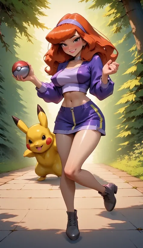 A charming and sexy version of Daphne Blake as a Pokémon trainer. She is wearing a tight, stylish trainer outfit with a cropped purple top, a short skirt, and high boots, all in her signature colors. Her long, fiery red hair flows behind her, and she is ho...