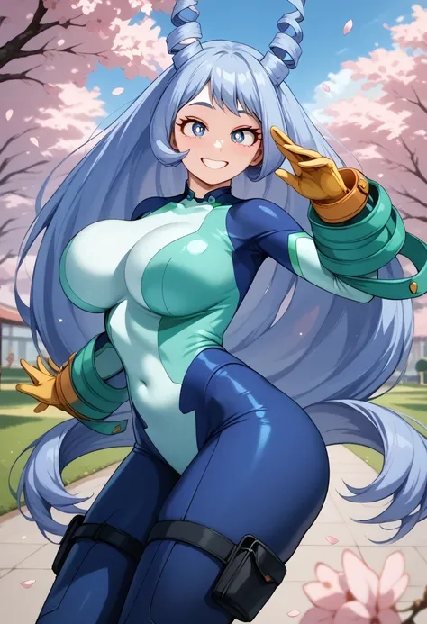 ((((MASTERPIECE)))), best quality, 1 girl, solo,huge breasts,big ass,nejire hadou, blue eyes, blue hair, long hairhorns, blue bodysuit, bodysuit, drill hair, gloves, green bodysuit, multicolored bodysuit, multicolored clothes, yellow gloves,voluptuous,,int...