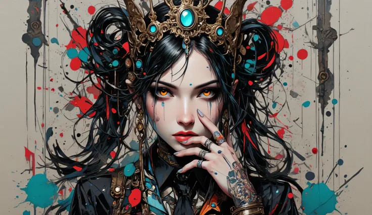 masterpiece, best quality, intricate details, (1girl), beautiful detailed face, pensive expression, looking at camera, one hand holding an ornate gothic scepter, other hand resting on chin, (twintails:1.4), long black hair, wearing an ornate gothic crown, ...